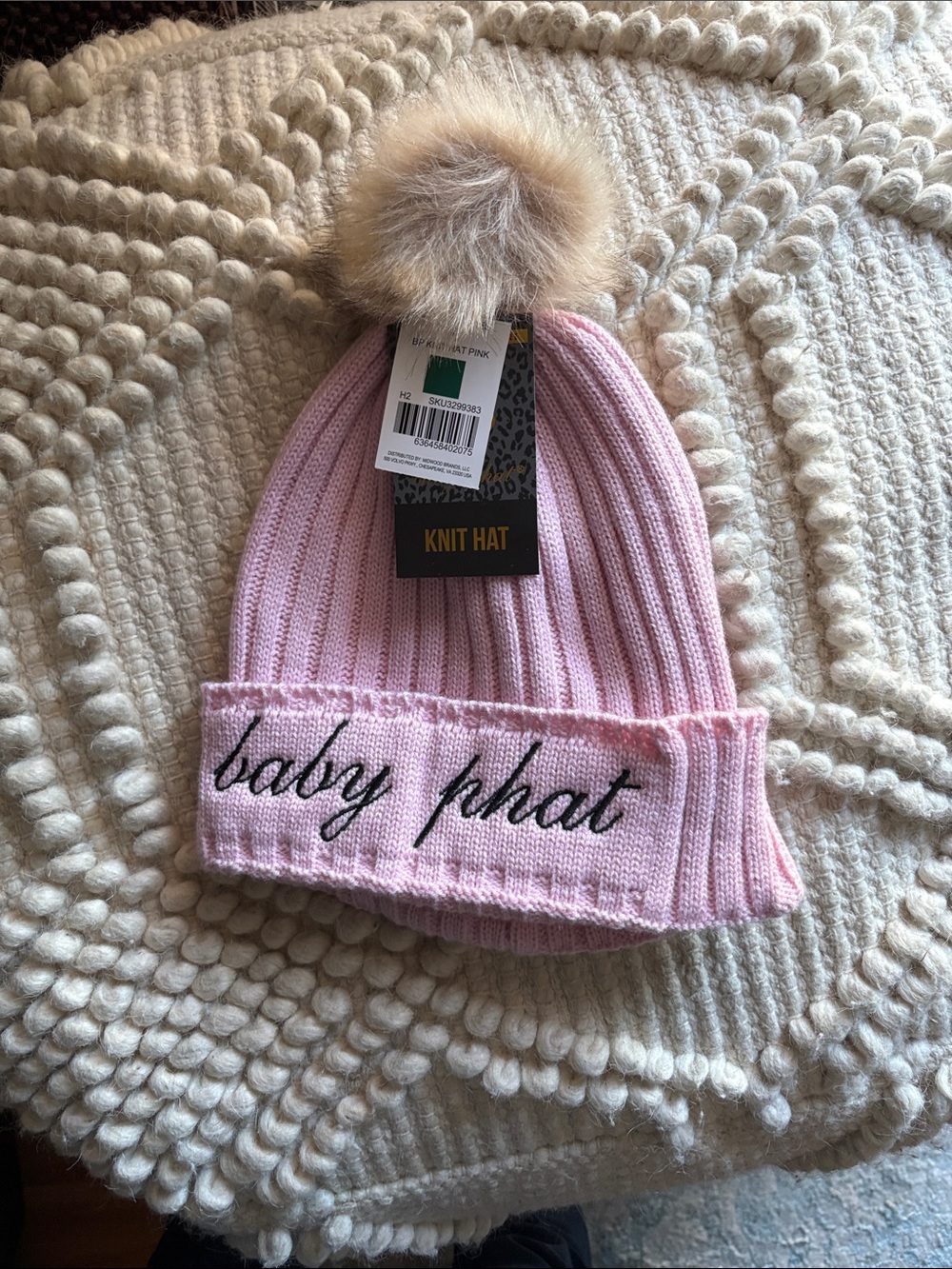 Baby Phat Light Pink Ribbed Knit Beanie with Faux Fur Pom